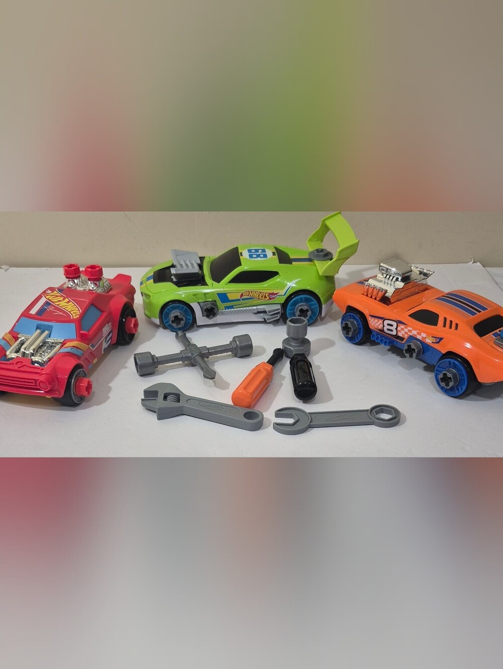 Lot Of 3 Hot Wheels  Ready To Race  Car Builder Green Red Orange With Tools